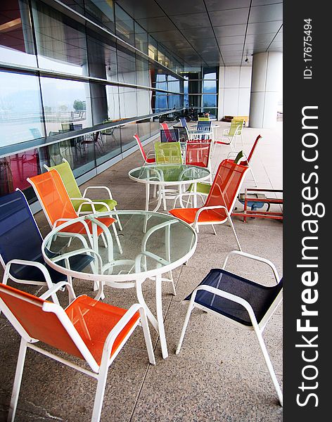 Colorful tables and chairs in a building