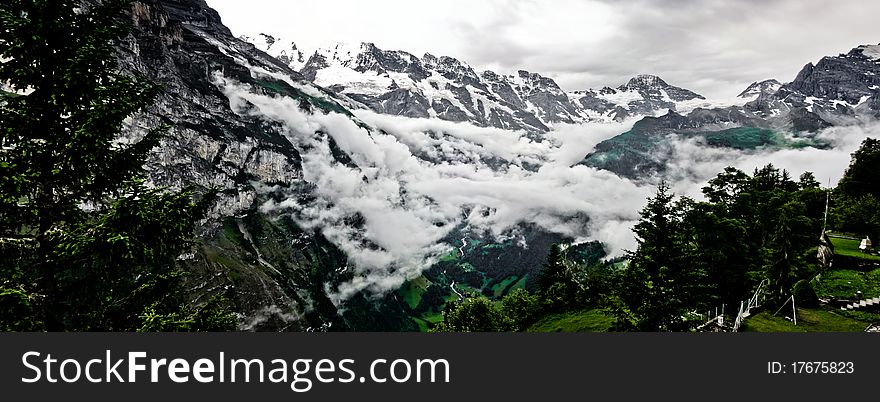 Bernese alps under cloud cover Murren Switzerland. Bernese alps under cloud cover Murren Switzerland