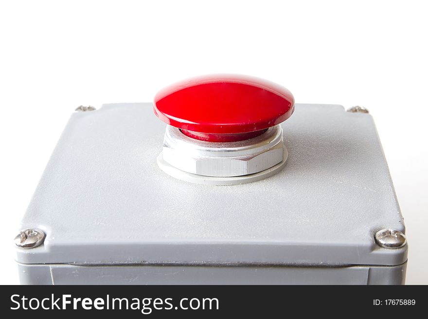 Red panic button on white background