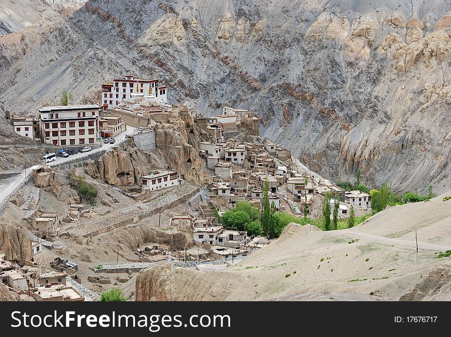 A several buildings of Buddhist monastery situated in the Himalayan valley. A several buildings of Buddhist monastery situated in the Himalayan valley.