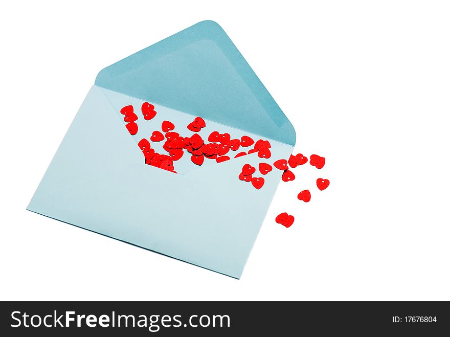Hearts in an envelope, white background, isolated