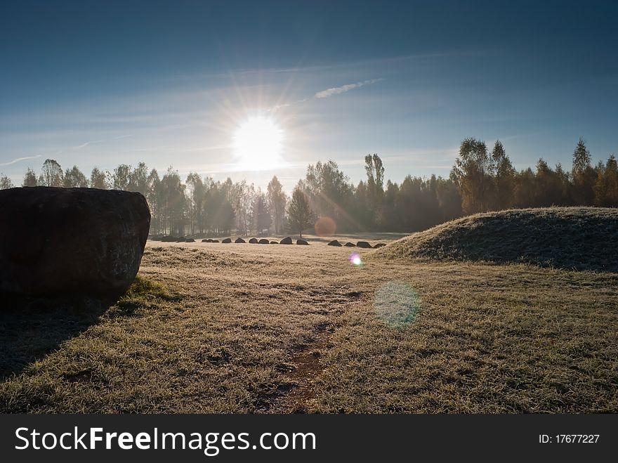 Morning over the boulder-park in Minsk (Belarus)