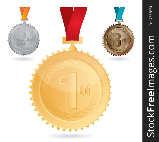 Isolated illustration of three medals, gold, silver and bronze. Isolated illustration of three medals, gold, silver and bronze.