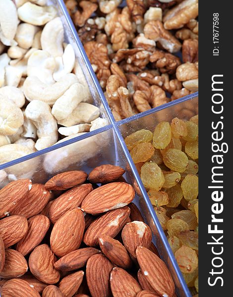 Closeup shot of different dry fruits in box.