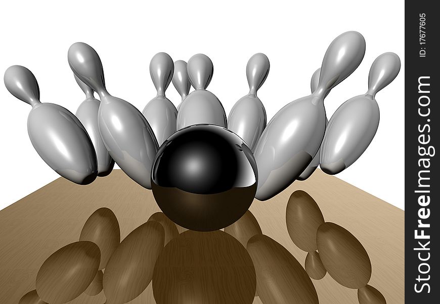 Bowling ball breaks the pyramid of pins. 3d computer modeling