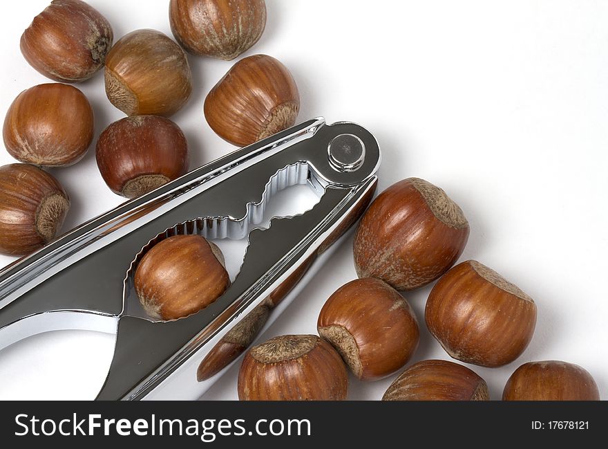 Hazel nuts with chrome nut crackers on white background. Hazel nuts with chrome nut crackers on white background