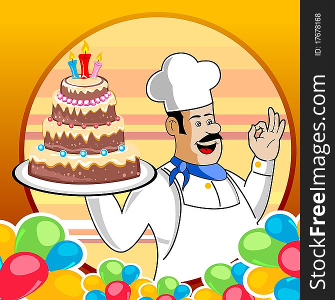 Illustration of birthday card with balloons cake and cook
