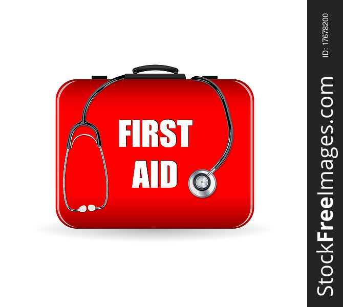 Illustration of first aid box with stethoscope on white background