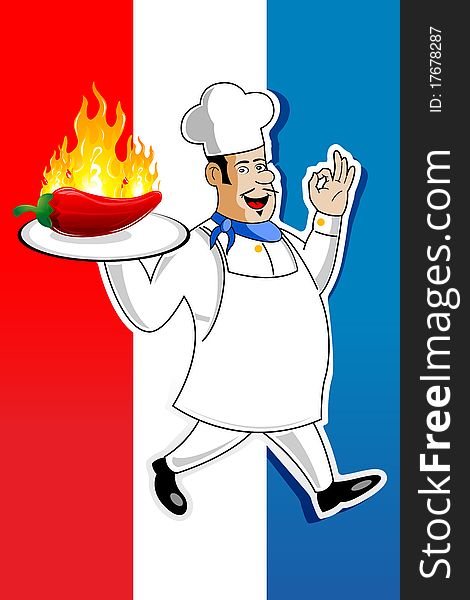 Illustration of cook with burning chilly on abstract background