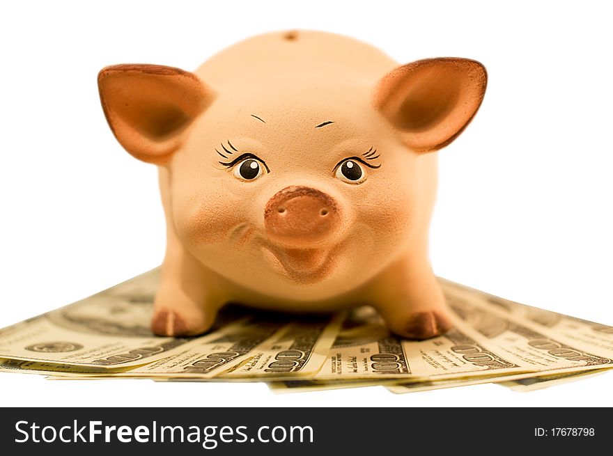 Piggy bank (moneybox) standing on dollars