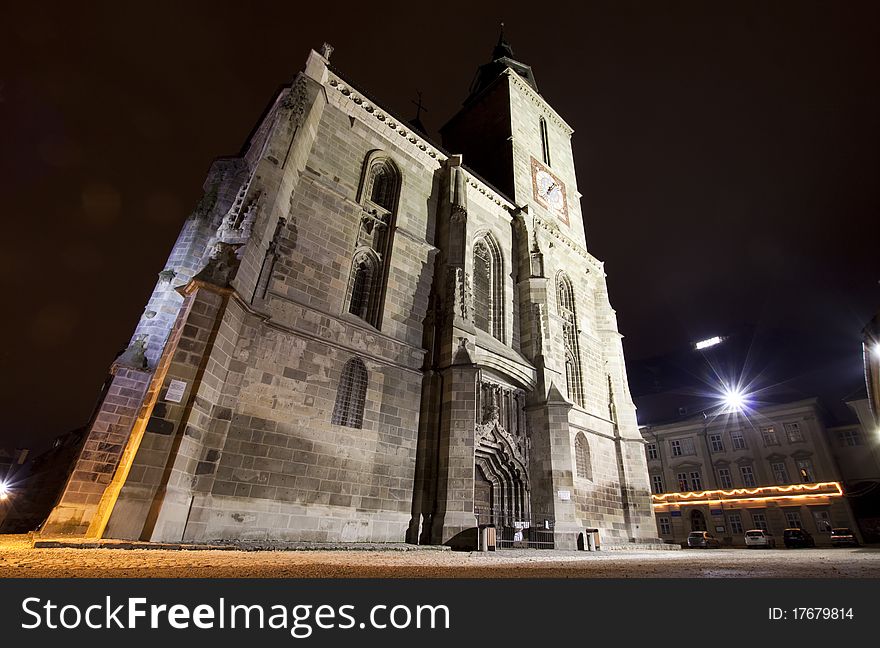 Night shot of the Black Church in Brasov