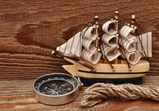 Compass, Rope And Model Classic Boat Stock Photos Compass, Rope And Model Classic Boat Stock Photos