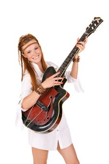Isolated Young  Beautiful  Woman With Guitar Stock Photo