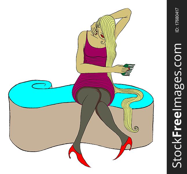 A charming lady caught in the act of combing her long blonde hair, while sitting on a modern shaped sofa. A charming lady caught in the act of combing her long blonde hair, while sitting on a modern shaped sofa.