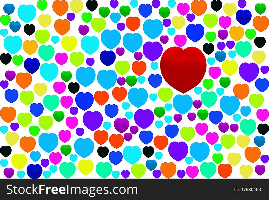 Red heart on colorful hearts