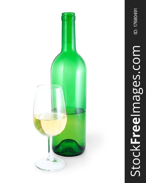 Uncorked bottle of white wine and a glass isolated on white with clipping path