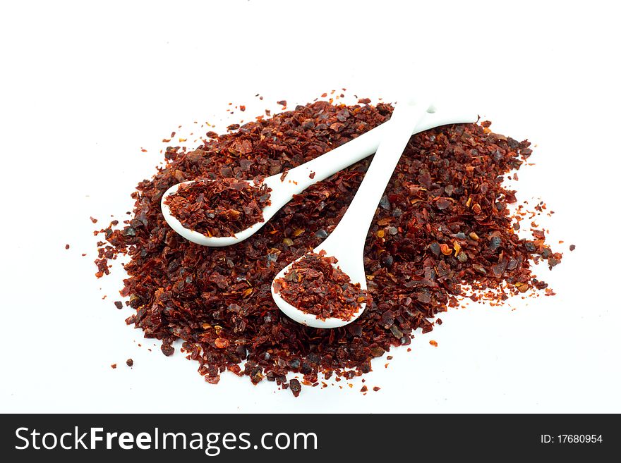 Pile of Hot Red Chilli pepper with two spoons
