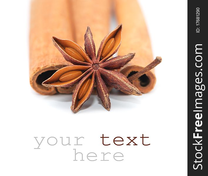 Star anise and cinnamon beer ingredients isolated on white background (with space for text)