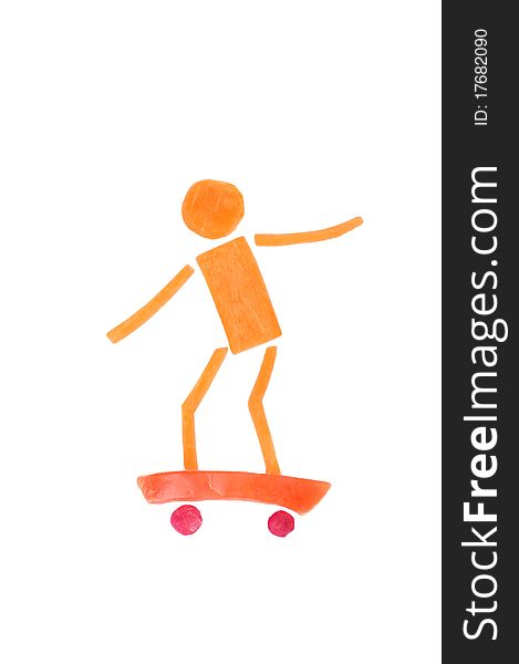 Man made of carrots and tomatoes ride a skateboard