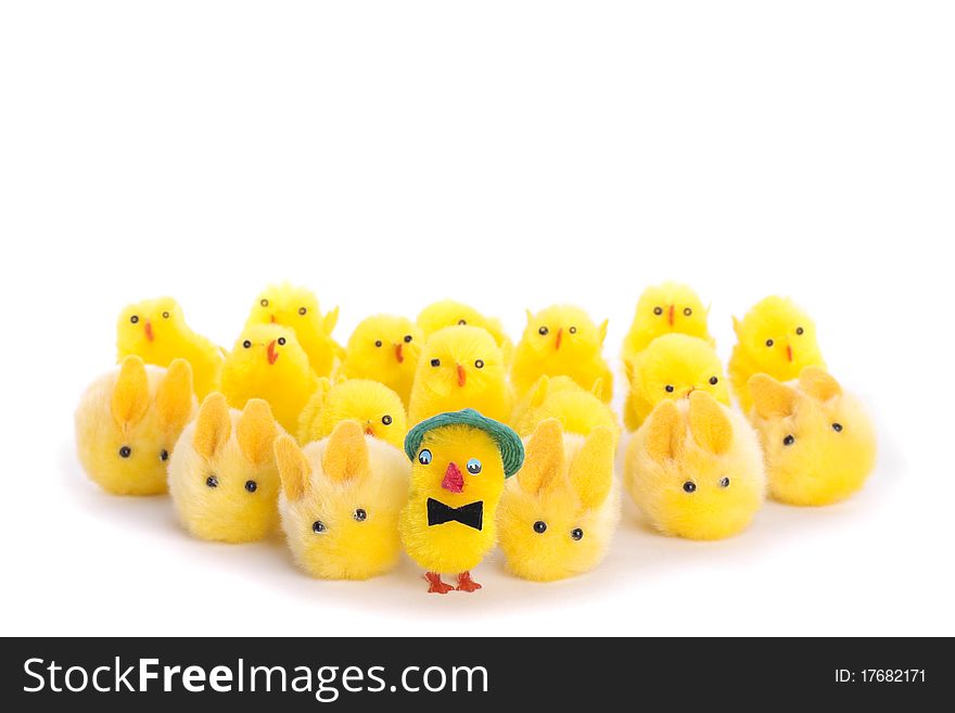 Easter chick eggs over white background