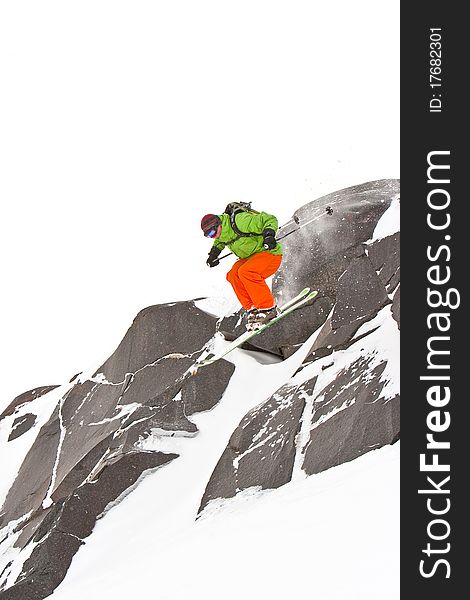 Freerider jumping from a rocks, Caucasus mountains