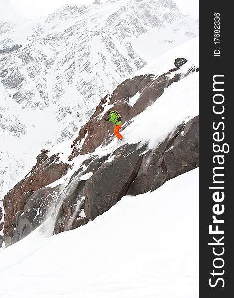 Freerider before the jump, Caucasus mountains