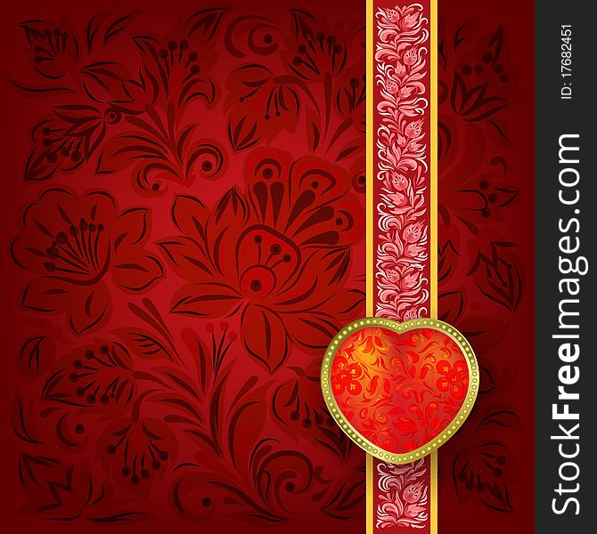Valentines greeting with heart on red floral background. Valentines greeting with heart on red floral background