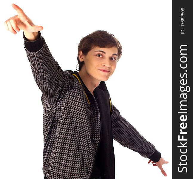 Stylish young man points his hands up and down on white background