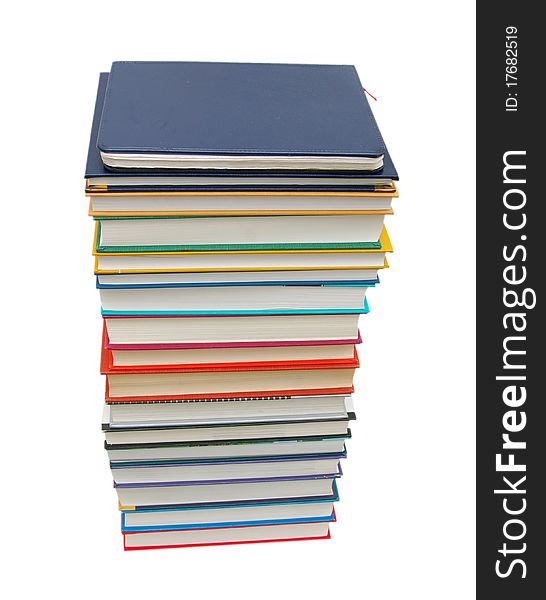 Stack of colorful real books on white background, side view. Stack of colorful real books on white background, side view.