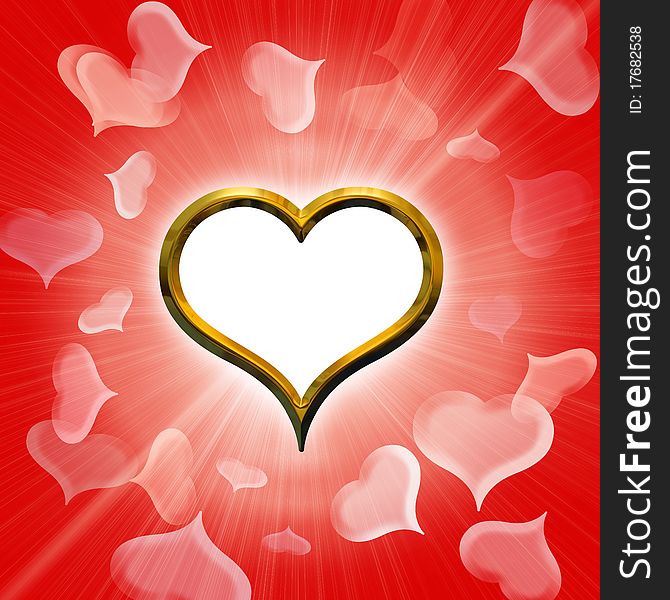 Valentine's golden heart on abstract hearts background with a free white zone