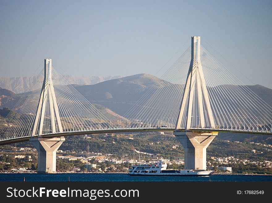 Panoramic view of Rio bridge, Peloponnese, Greece