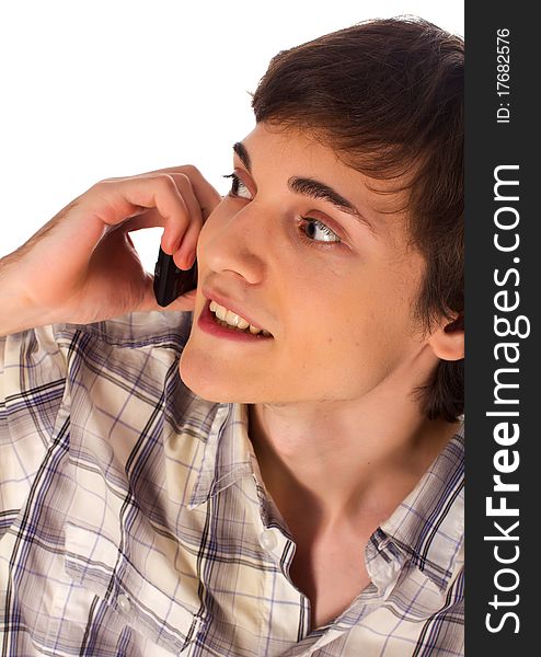 Young man talking mobile phone on white background