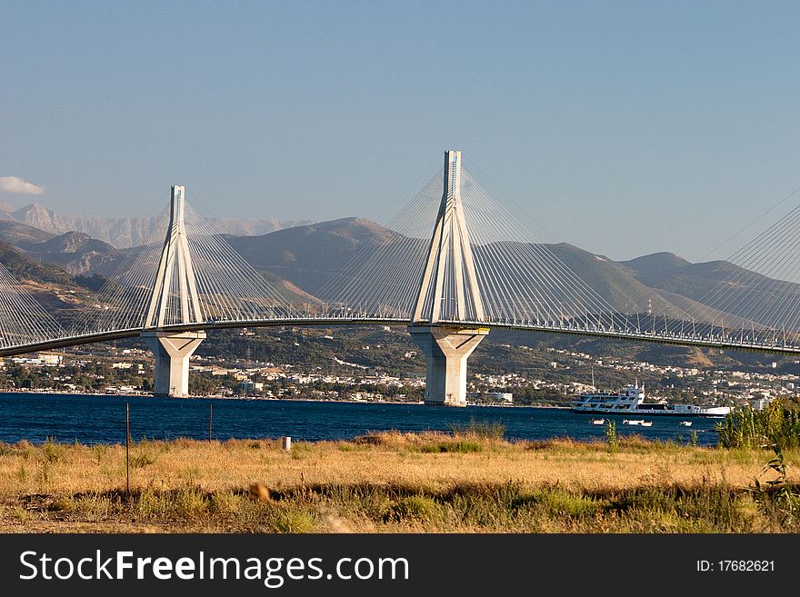 Panoramic view of Rio bridge, Peloponnese, Greece