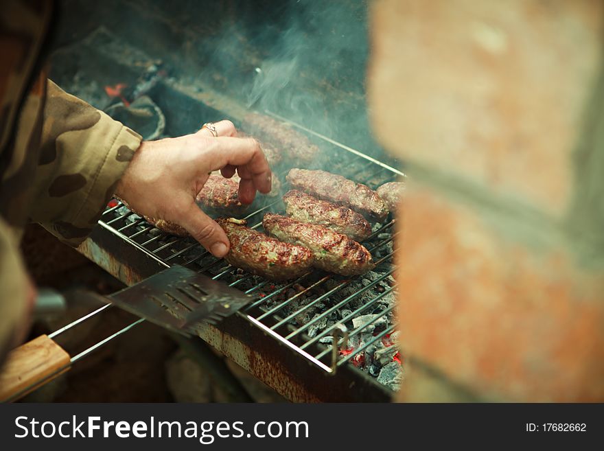 Coocking barbeque or grill on mangal of brick