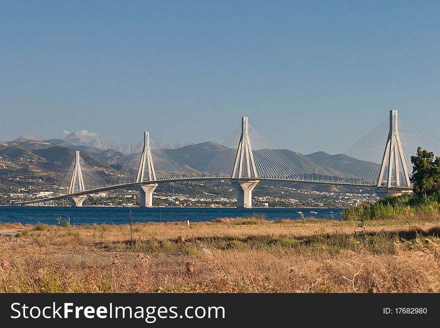 Panoramic view of Rio bridge, Peloponnese, Greece