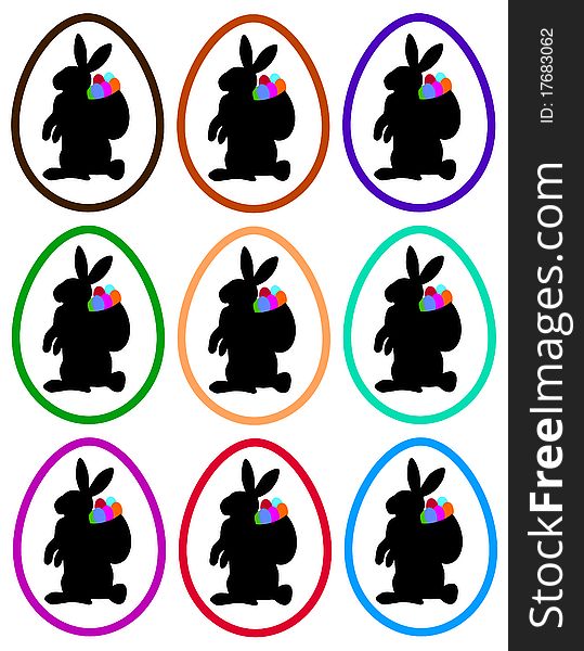 Black silhouettes of easter bunnys with colorful eggs in a basket in a egg border. Available as EPS-File. Black silhouettes of easter bunnys with colorful eggs in a basket in a egg border. Available as EPS-File