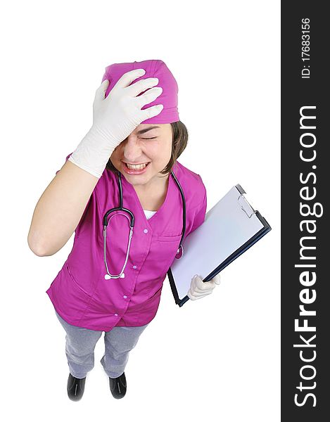 Medical doctor with headache holding her hand to the head,