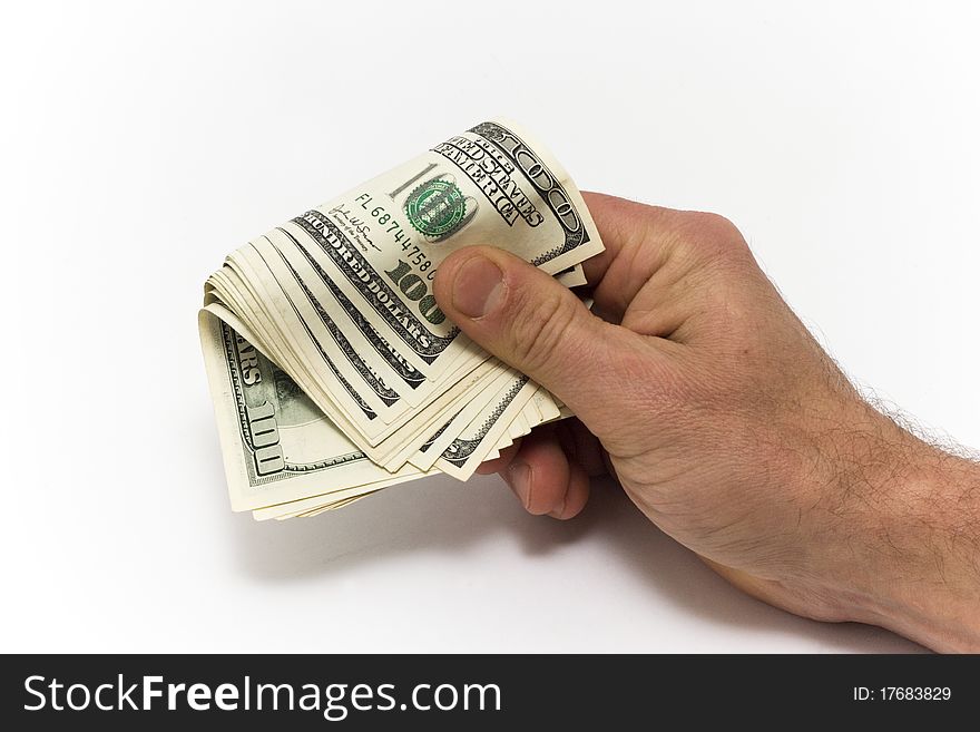 Dollars in the men's hand in white background