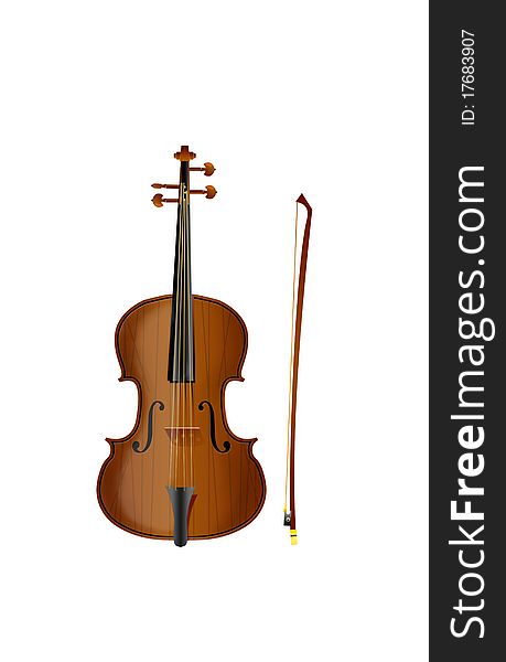 Violin with a bow on a white background