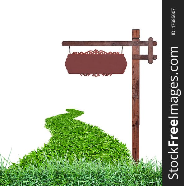 Isolated wooden sign with fresh grass on white background