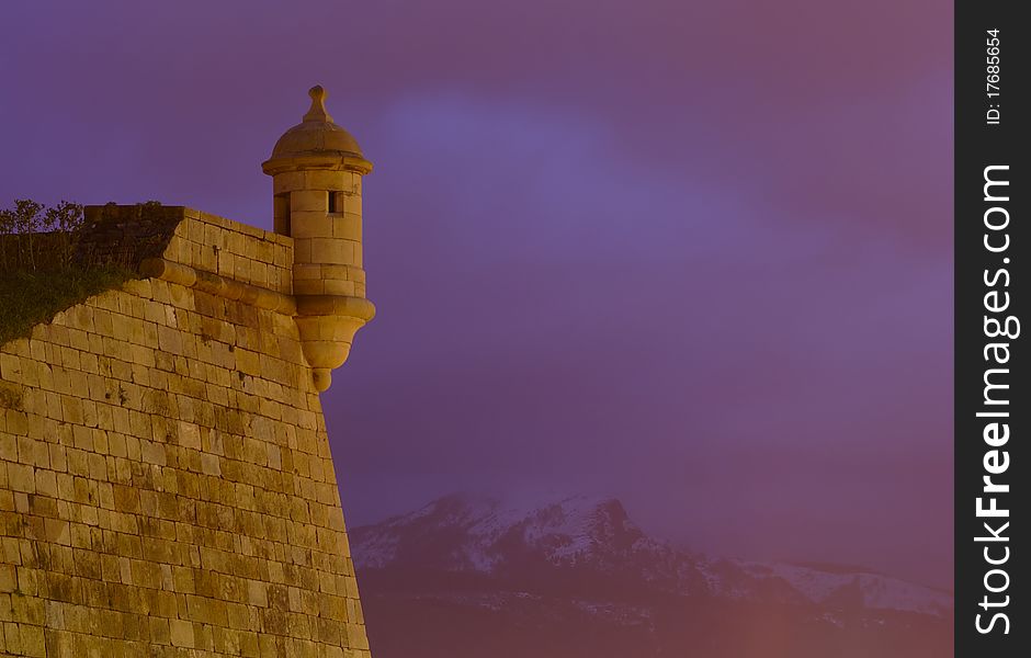 Wall and the bastion of the Queen in the night, Hondarribia, Gipuzkoa