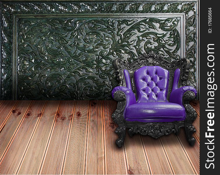 A violet sofa with carving wooden wall, vintage style decoration. A violet sofa with carving wooden wall, vintage style decoration