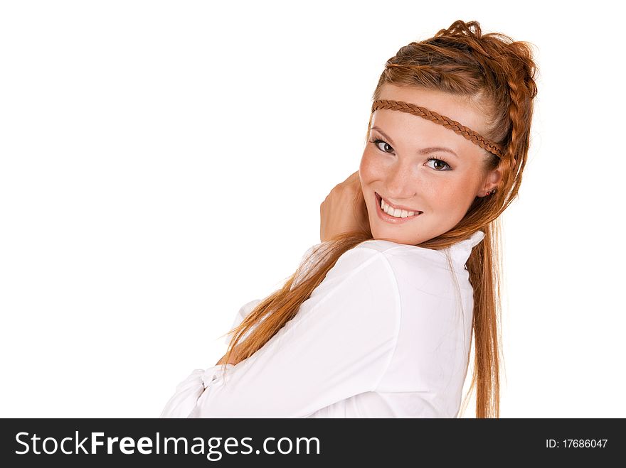 Young beautiful woman smiles isolated on white background. Young beautiful woman smiles isolated on white background