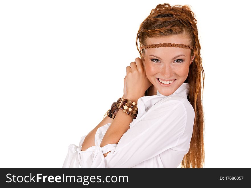 Portrait of young beautiful smiling woman in white clothes. Portrait of young beautiful smiling woman in white clothes