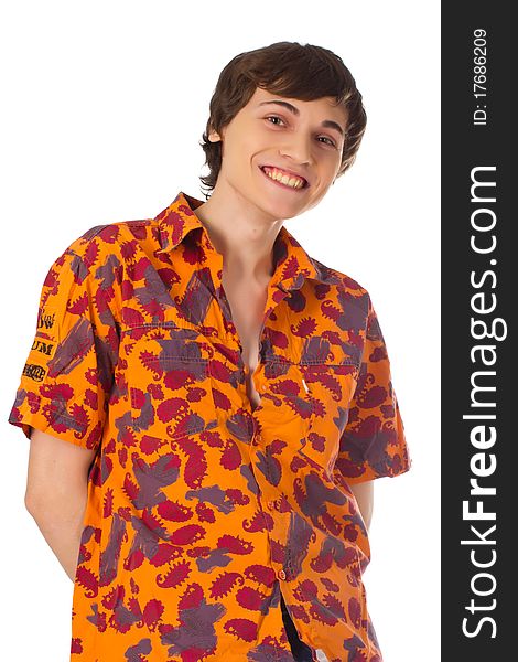 Happy joyful yound man standing in colorful shirt and smiling on whgite background. Happy joyful yound man standing in colorful shirt and smiling on whgite background