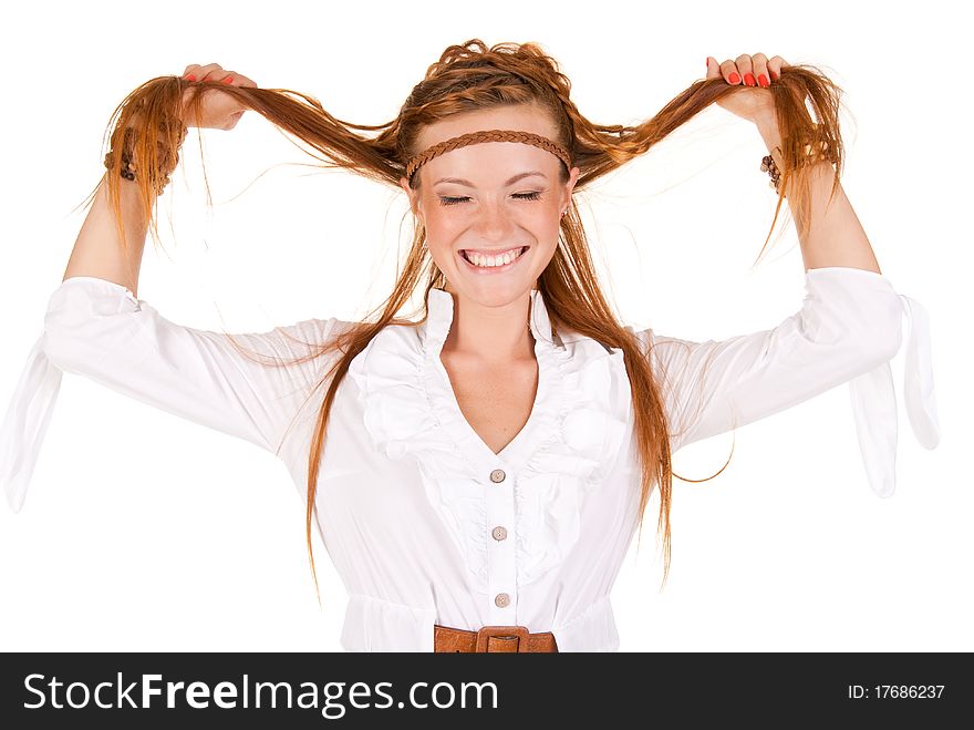 Portrait of young beautiful smiling woman in white clothes. Portrait of young beautiful smiling woman in white clothes