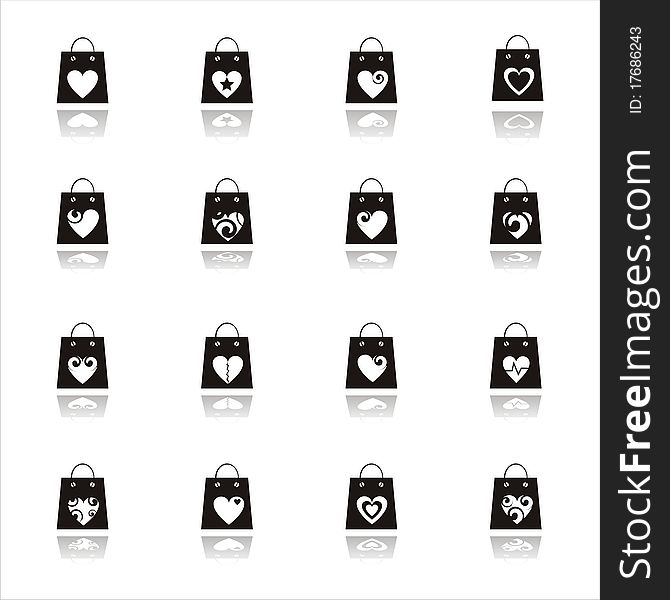 Set of 16 valentine shopping bags icons