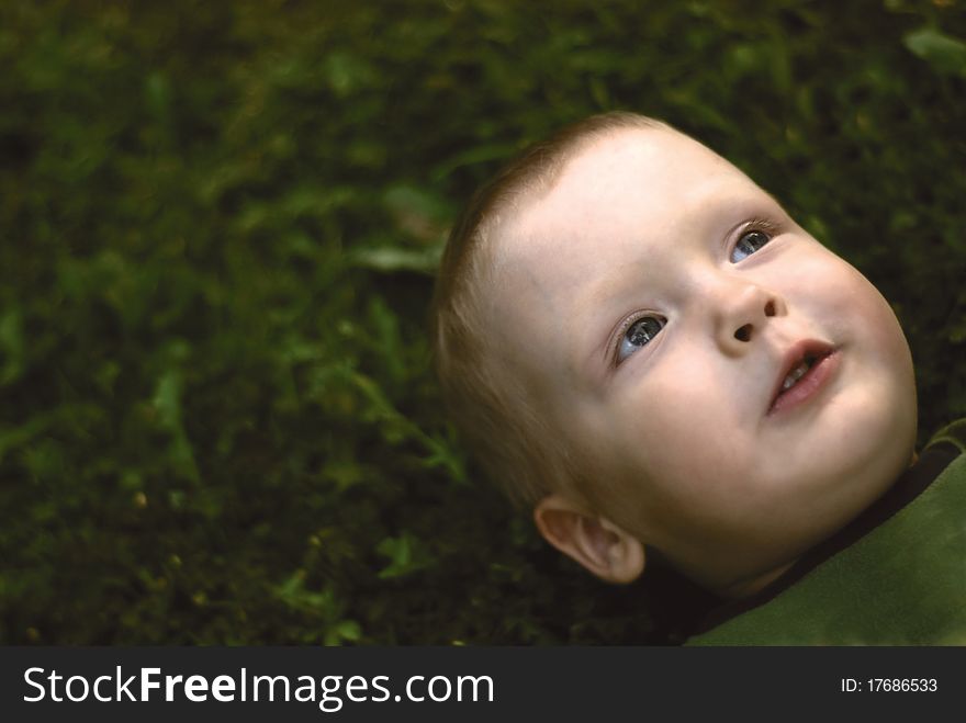 A little boy lying on grass