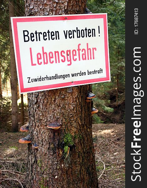 A sign in the woods warning of life threatening danger, written in German.