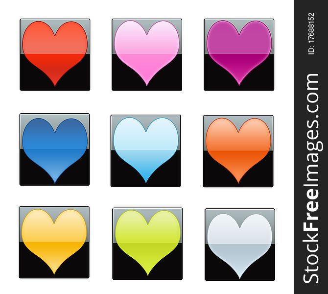 A set of shiny hearts in squares.